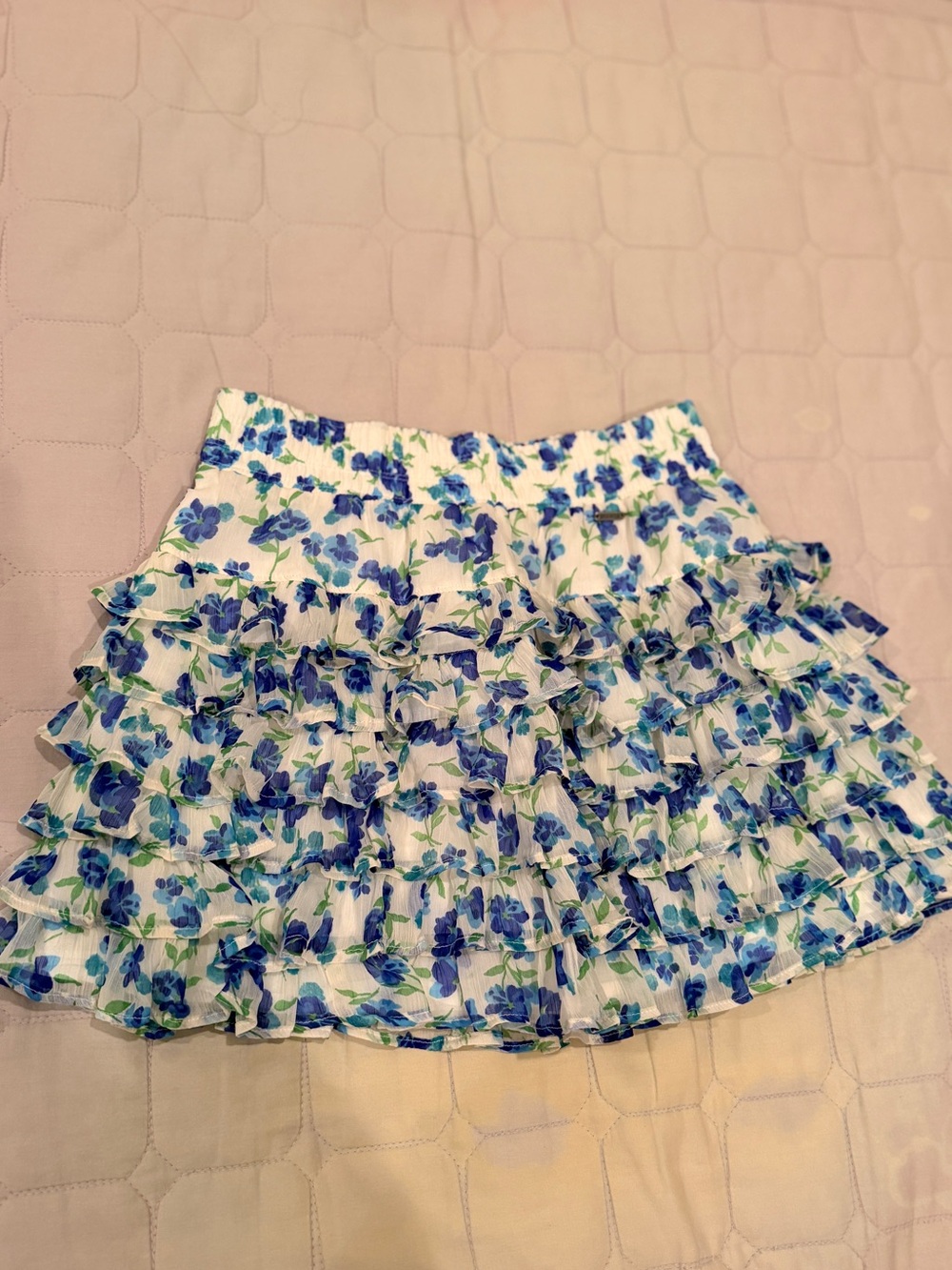 Vintage Hollister White Mini Skirt with Blue Floral Ruffles